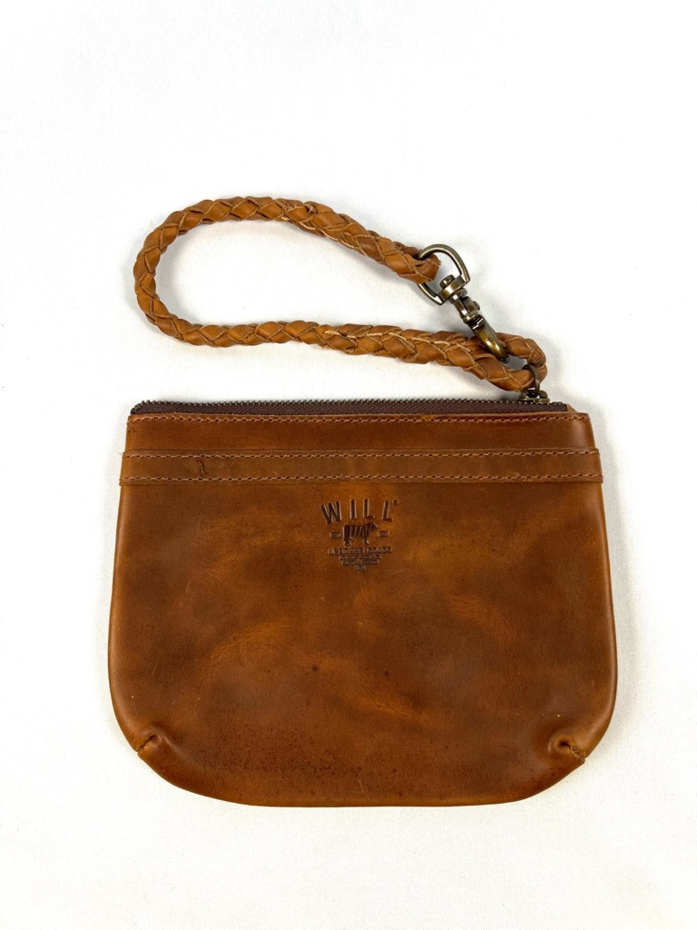 Will Leather Goods Brown Leather Wristlet Braided Strap Rustic Pouch